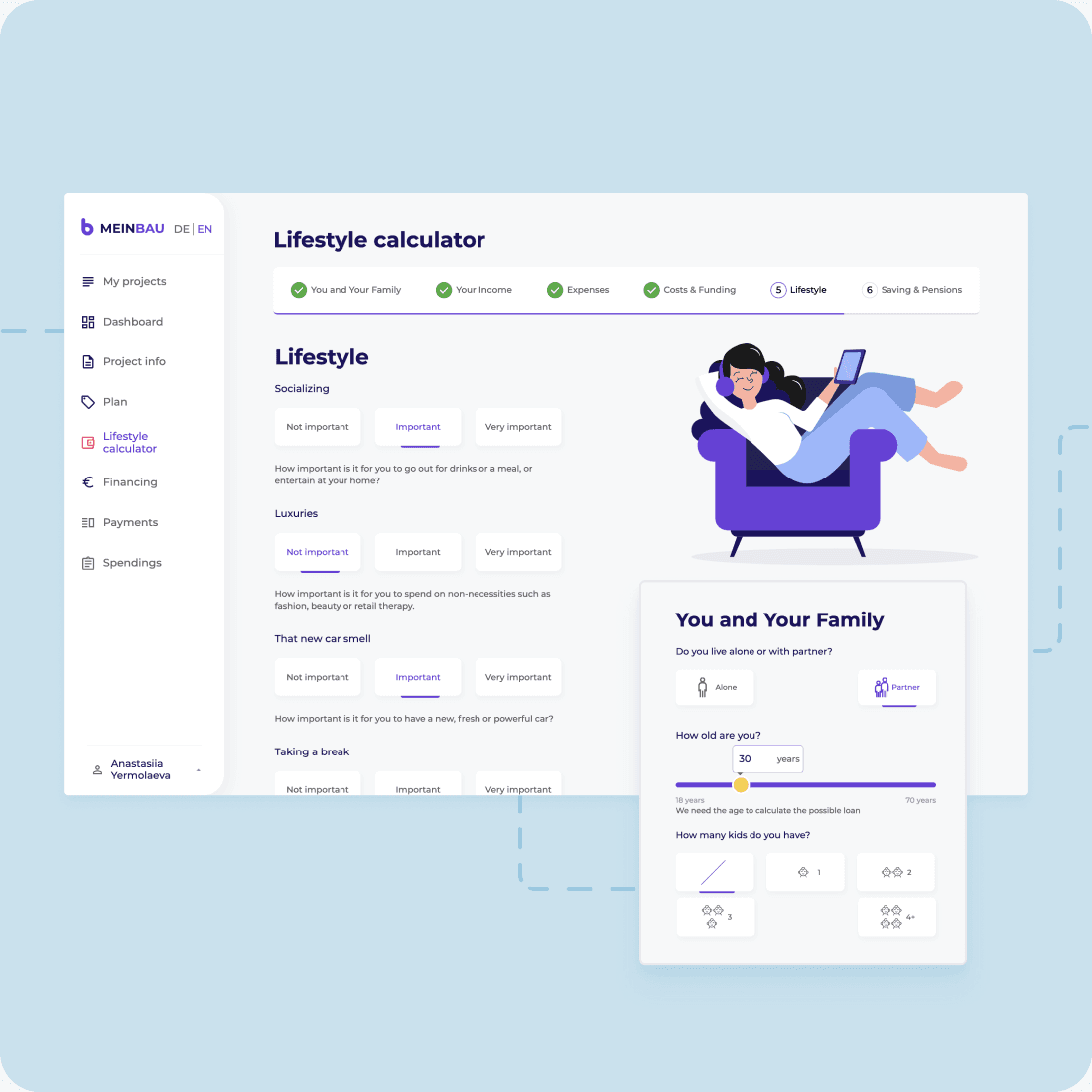 The lifestyle calculator summarising income and spending