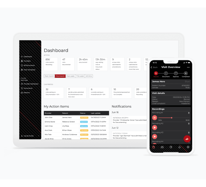 The app's provider dashboard with visit metrics on a tablet, beside the visit overview and its list of recordings on a phone
