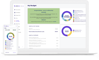 The MeinBau construction budget planner on a laptop