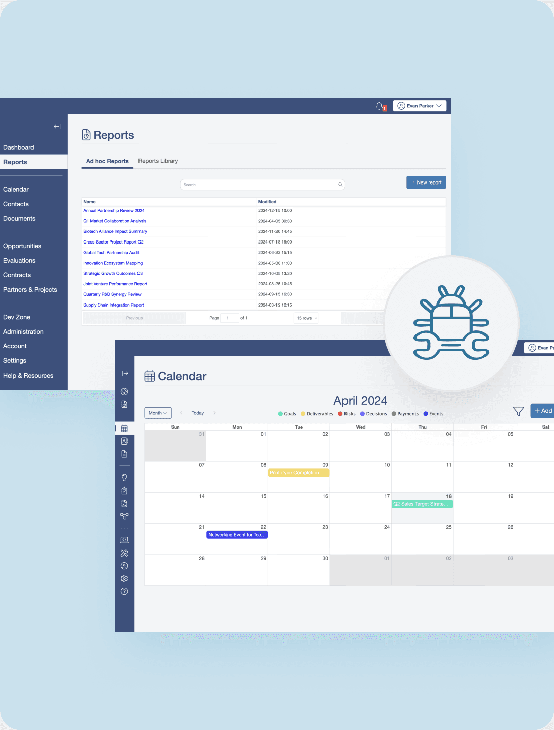 The reports list and the monthly calendar view marked with a bug icon, standing for continuous regression testing