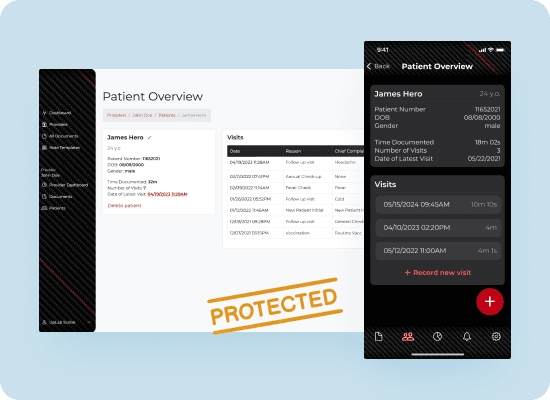The patient overview screen on desktop and mobile, stamped “protected”