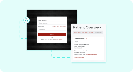 The sign-in screen beside the patient overview, listing the patient’s number, date of birth and visit history
