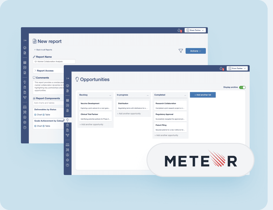 The report builder and the opportunities board of the platform beside the Meteor logo