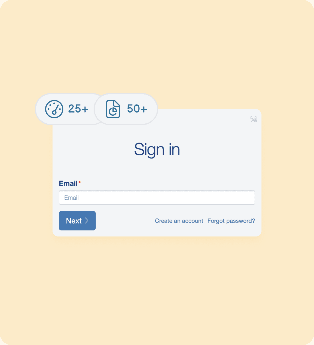 The platform’s sign-in screen with badges for 25+ dashboard widgets and 50+ report templates