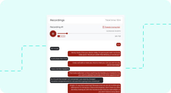 The recordings screen playing back a visit with the transcript below it, shown as a conversation between doctor and patient