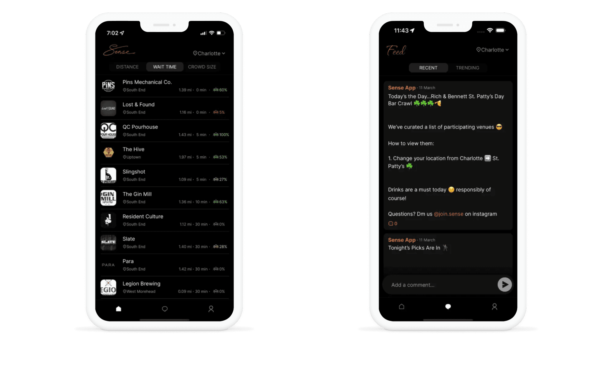 Screenshot of the Sense nightlife statistics mobile app