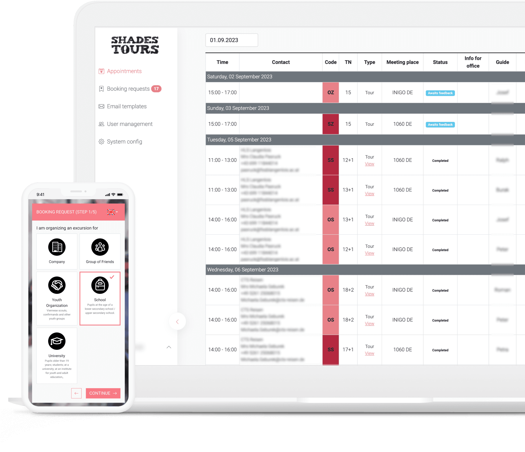 The Shades Tours booking dashboard on a laptop, listing scheduled tours by day, with the mobile booking request form in front of it