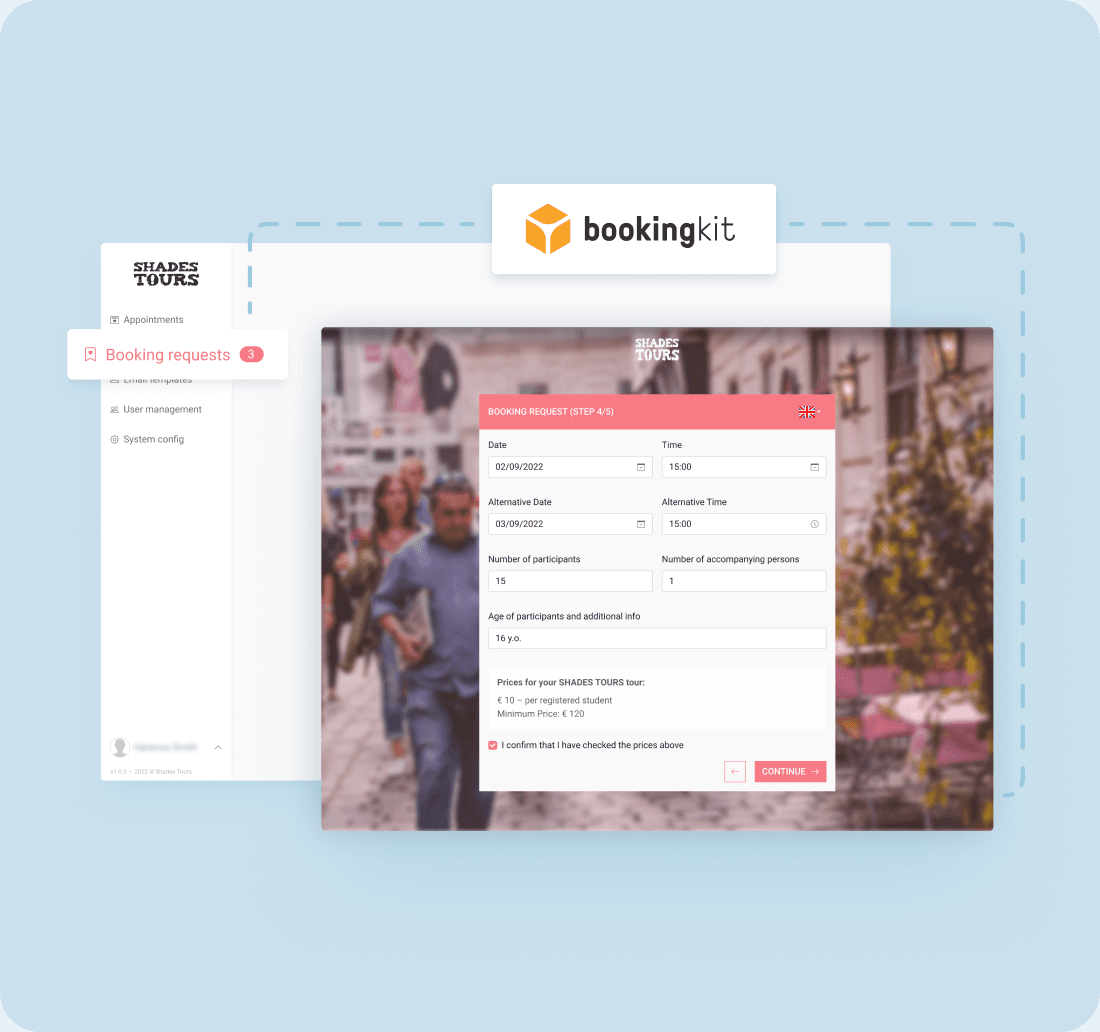 The Shades Tours booking requests screen linked to the Bookingkit platform, next to the customer booking form with date, time and number-of-participants fields