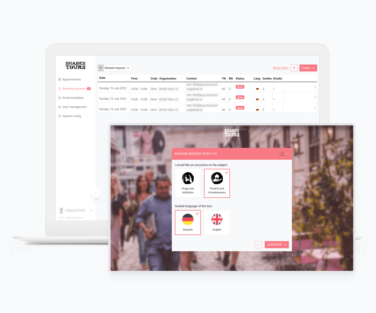 The Shades Tours admin panel listing incoming booking requests, with the customer-facing booking form — tour subject and language selection — layered in front of it