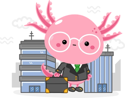 Uplab's axolotl mascot dressed for business